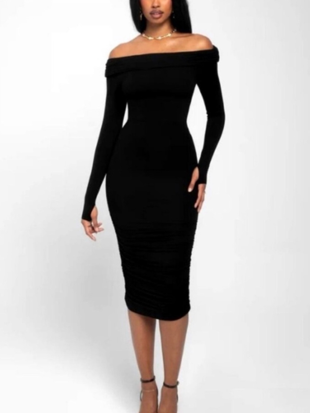 TA3 Shapey Off-Shoulder Rouched Bodycon Midi Dress